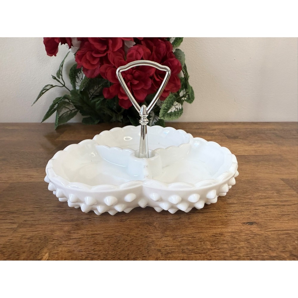 Vintage Fenton Milk Glass Divided Dish Hobnail Pattern Silver Handle Relish Tray
